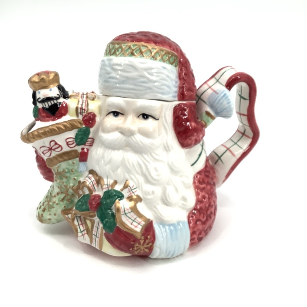 SANTA TEA POT Santa Holding a Nutcracker Stocking and Present Ceramic Avon 2001